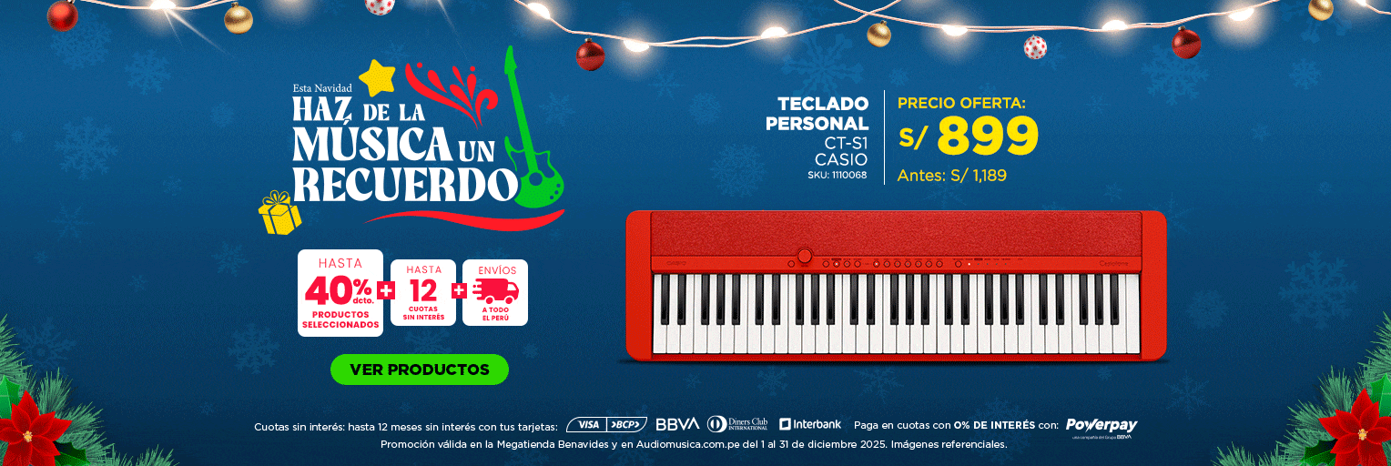 Banner promocional de la Campaña Navideña “Haz de la música un recuerdo”. Incluye cajas de beneficios: hasta 40% dcto en productos seleccionados, hasta 12 cuotas según banco y envíos a todo el Perú. Además 3 productos con sus precios descuento​