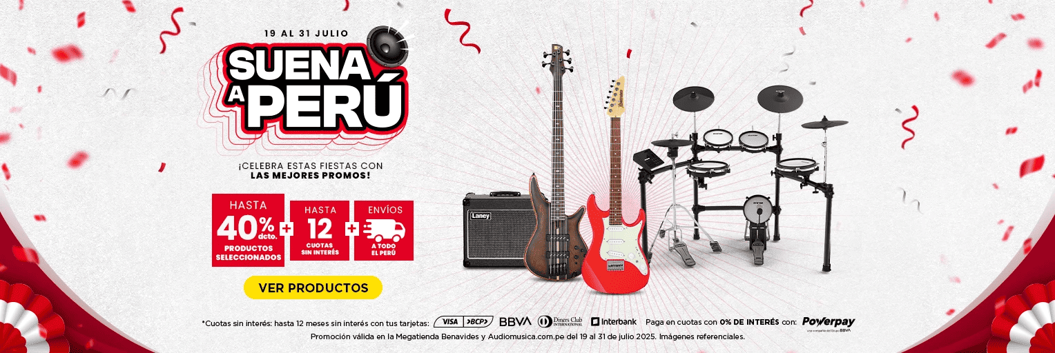 Banner promocional Suena a Perú con descuentos de hasta 40% en productos seleccionados, cuotas sin interés y envíos a todo el Perú. Incluye bajo eléctrico, guitarra, batería y amplificador.​