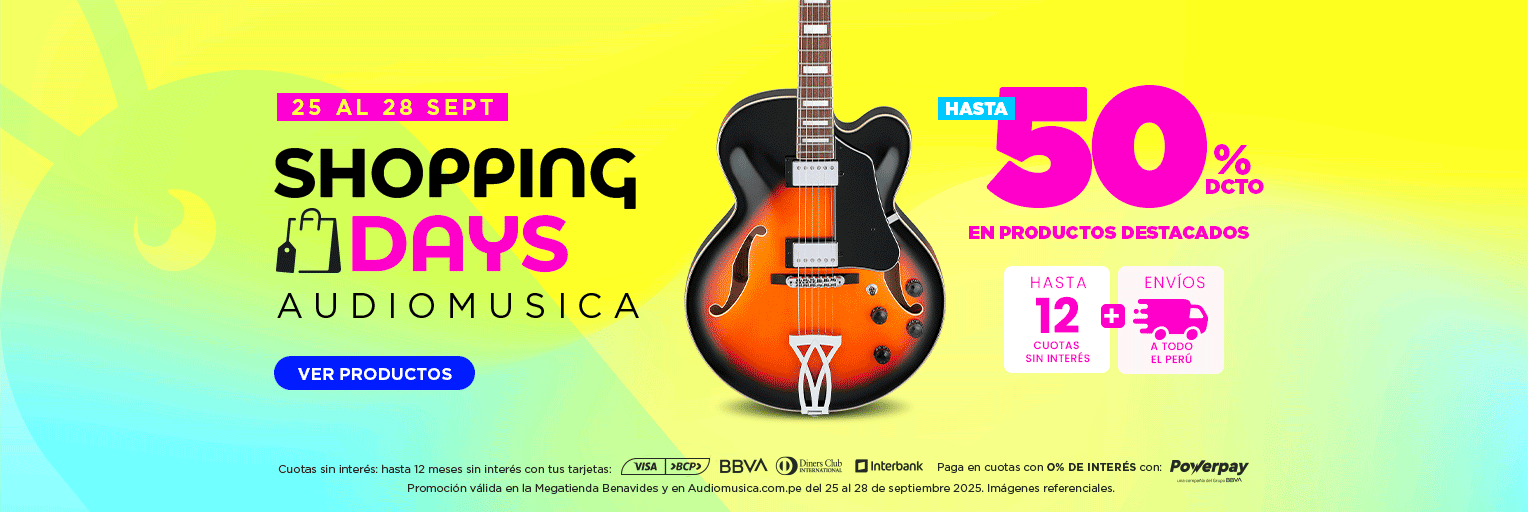 Banner promocional de la campaña Shopping Days Audiomusica con descuentos de hasta 50% en productos destacados, con pago hasta 12 cuotas sin interés y envíos a todo el Perú. Incluye una guitarra, un piano y un amplificador ​