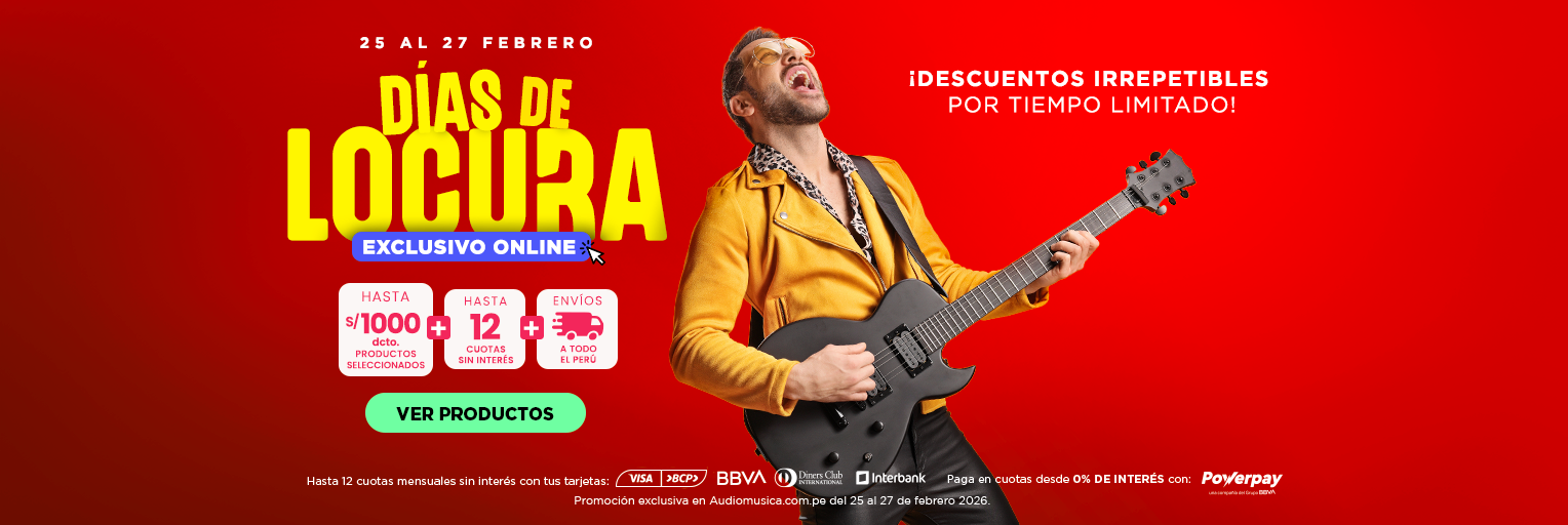 Banner promocional Días de Locura Online, descuentos irrepetibles en tus marcas favoritas. Hasta S/1000 de dato en productos seleccionados, 12 cuotas sin interés según tu banco y envíos a todo el Perú. Incluye un guitarrista rockeando.​