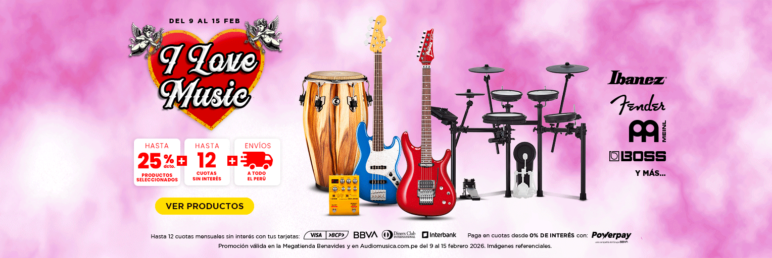 Banner promocional I Love Music, productos seleccionados con hasta 25% dcto, hasta 12 cuotas sin interés y envíos a todo el Perú. Incluye 5 productos y marcas destacadas​