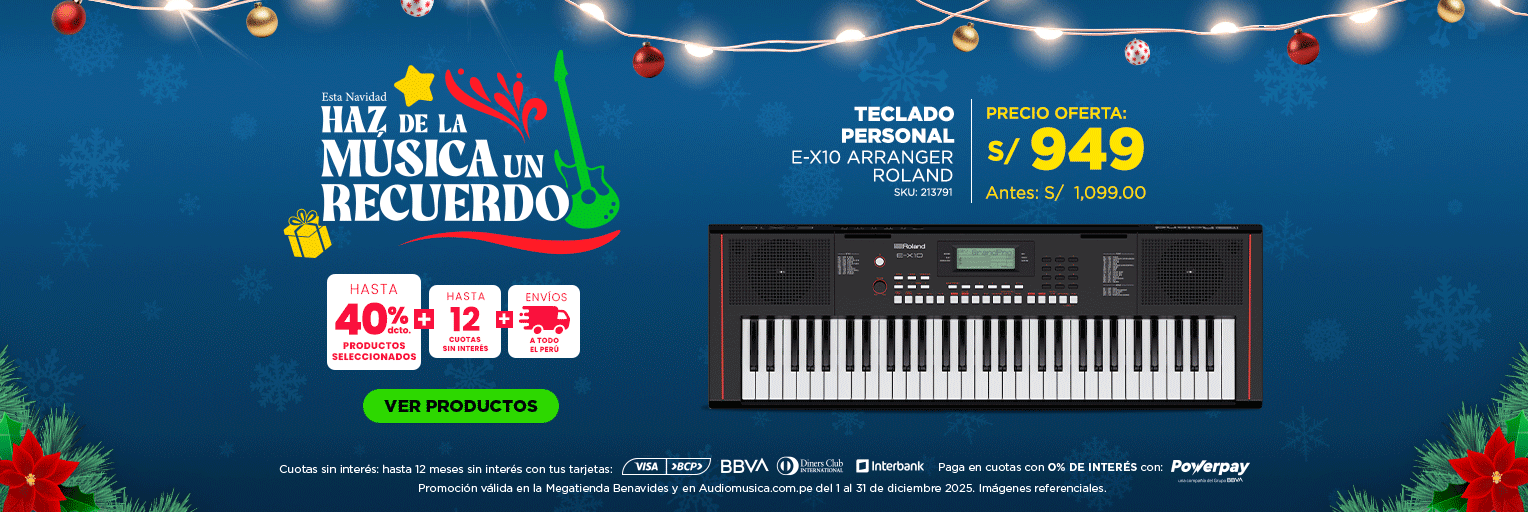 Banner promocional de la Campaña Navideña “Haz de la música un recuerdo”. Incluye cajas de beneficios: hasta 40% dcto en productos seleccionados, hasta 12 cuotas según banco y envíos a todo el Perú. Además 3 productos con sus precios descuento​