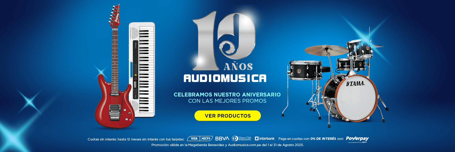Banner promocional del décimo aniversario de Audiomusica en el Perú, con las mejores promociones. Incluye guitarra eléctrica ibanez roja, teclado blanco casio y batería acústica negra tama.​